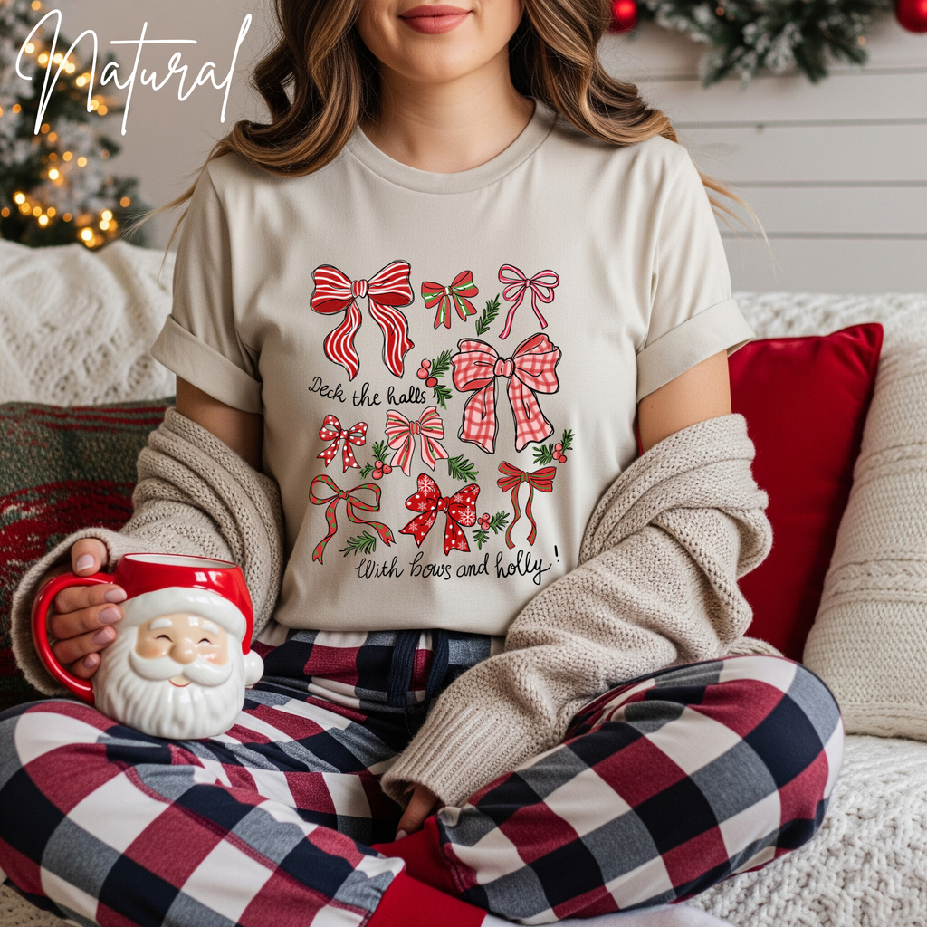 Deck the Halls with Bows and Holly T-Shirt | Bella Canvas 3001 Coquette Christmas Tee