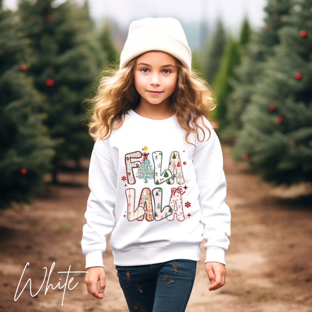 Kids Fa La La Christmas Sweatshirt | Festive Holiday Gildan 18000B Sweatshirt