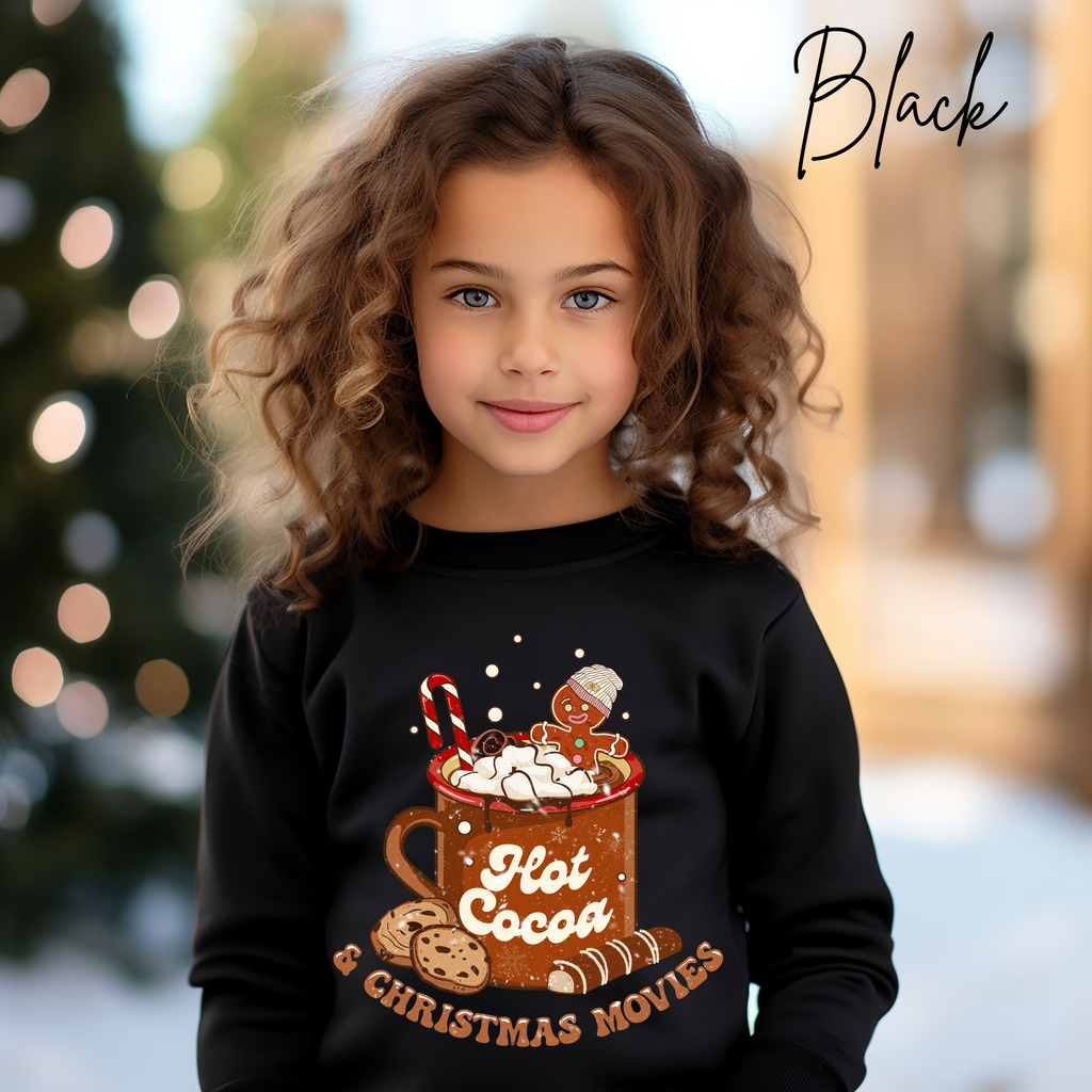 Hot Cocoa and Christmas Movies Kids Sweatshirt | Cute Gingerbread Cup Gildan 18000B Sweatshirt