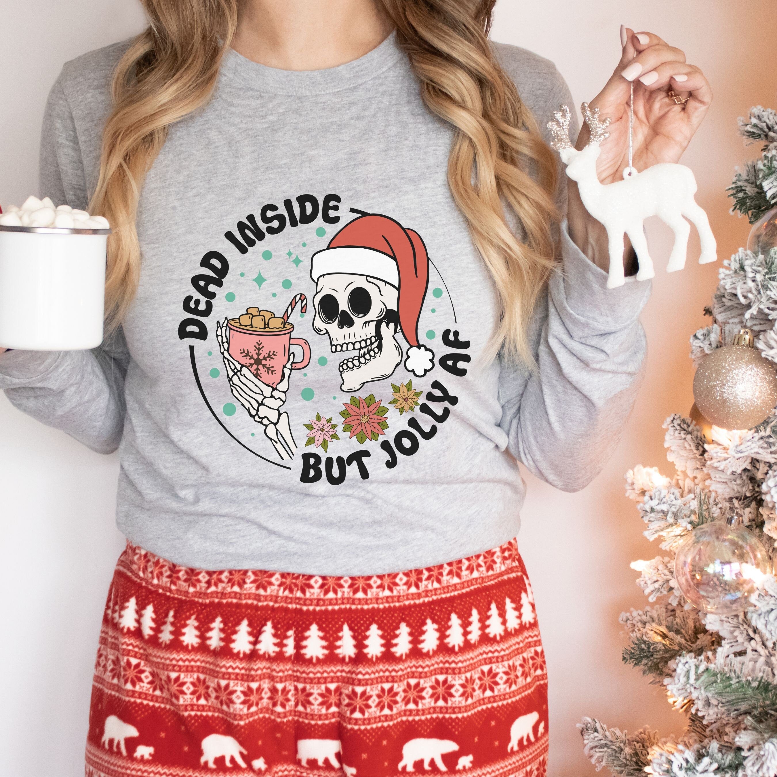 Dead Inside but Jolly AF Skeleton Christmas Bella Canvas 3501 Long Sleeve Shirt