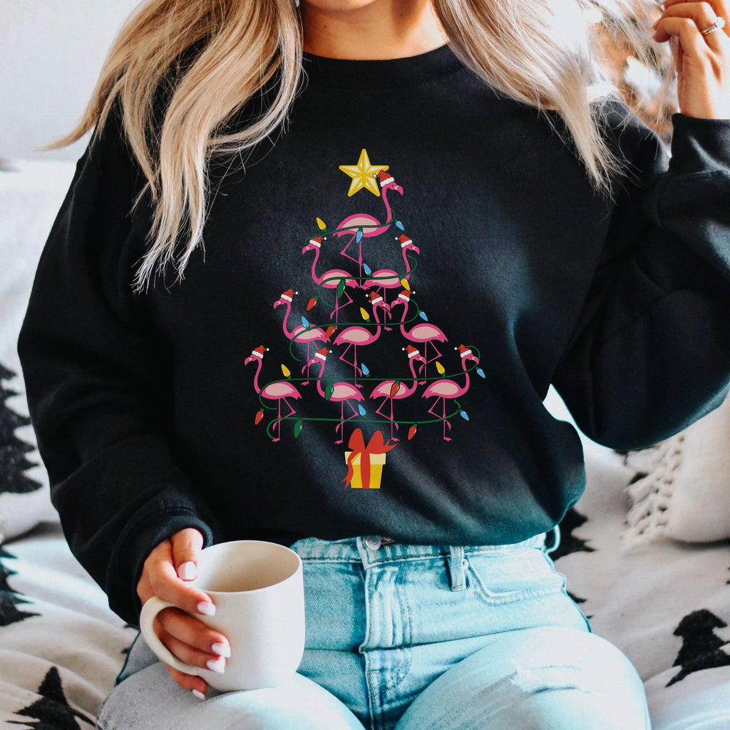 🎄🦩 Flamingo Christmas Tree Sweatshirt – Tropical Holiday Crewneck • Cute & Quirky Festive Design
