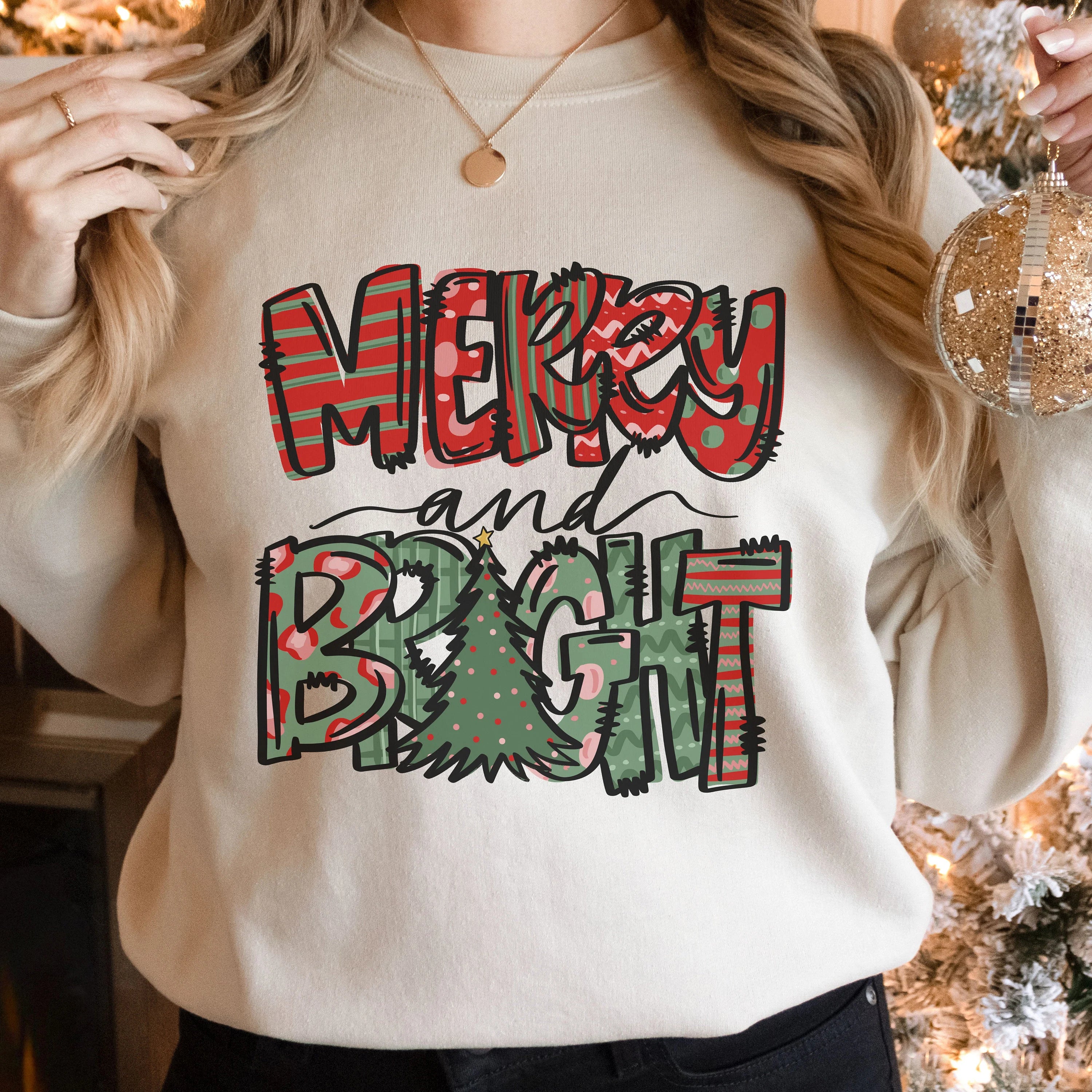 🎄✨ Merry & Bright Graffiti Print Sweatshirt – Bold Street-Style Christmas Crewneck • Modern Holiday Aesthetic