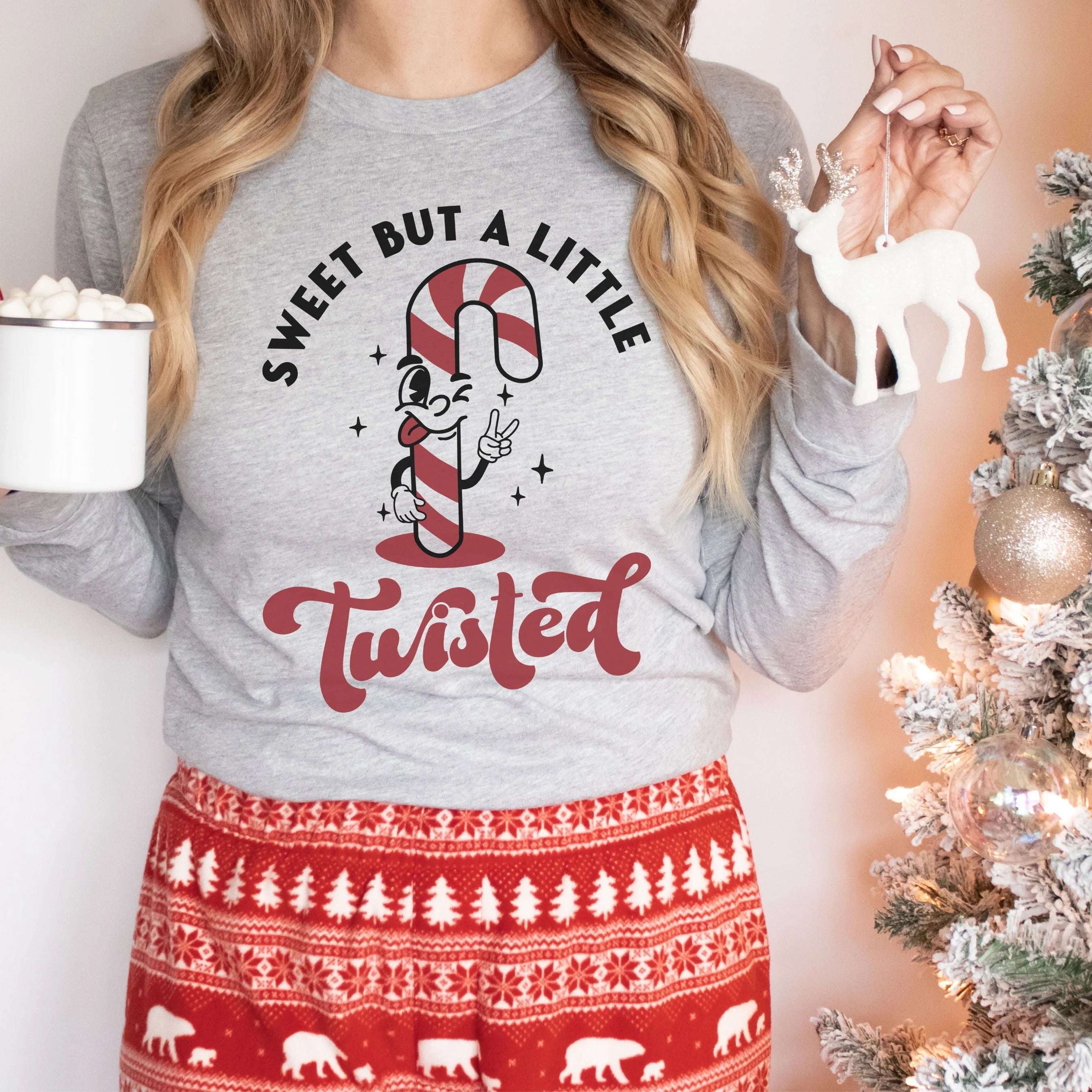 Sweet But a Little Bit Twisted Candy Cane Christmas Bella Canvas 3501 Long Sleeve Shirt