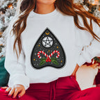 🔮🍬 Witchy Woman Christmas Sweatshirt – Candy Cane Ouija Planchette • Cute Magical Holiday Crewneck