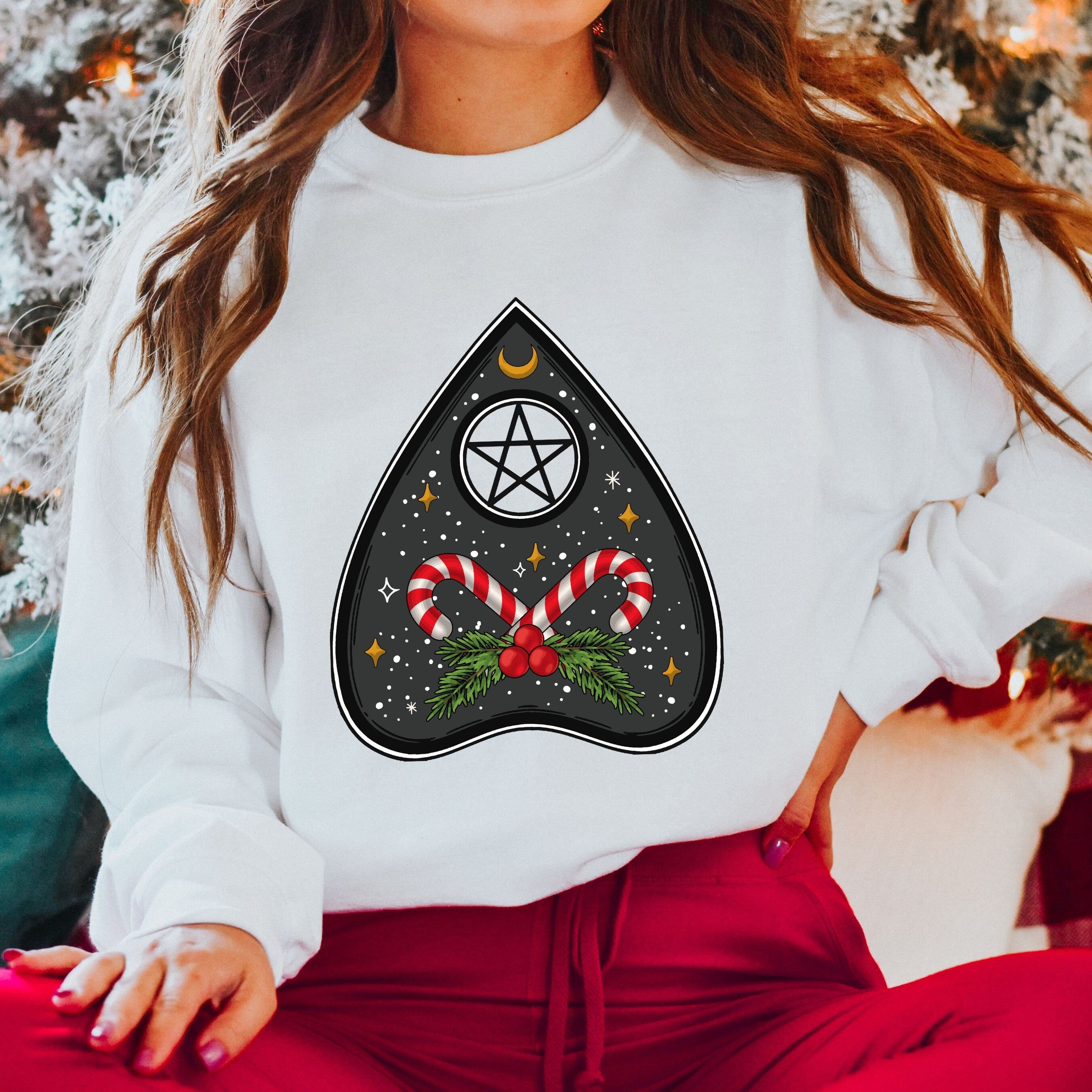 🔮🍬 Witchy Woman Christmas Sweatshirt – Candy Cane Ouija Planchette • Cute Magical Holiday Crewneck