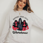 Support Your Local Whorehouse Sweatshirt | Grim Reaper & Demon Pin-Up Gildan 18000 Sweatshirt