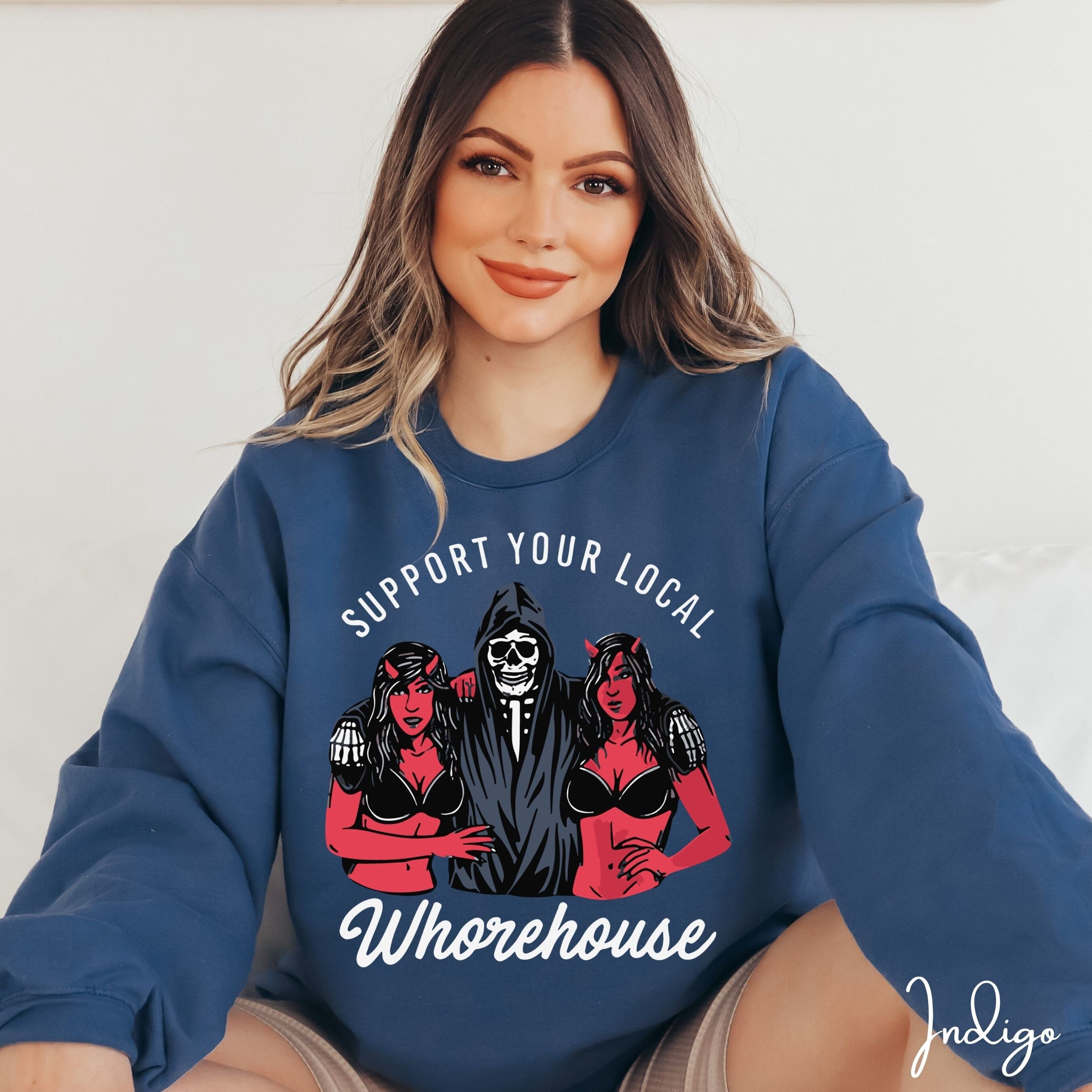 Support Your Local Whorehouse Sweatshirt | Grim Reaper & Demon Pin-Up Gildan 18000 Sweatshirt
