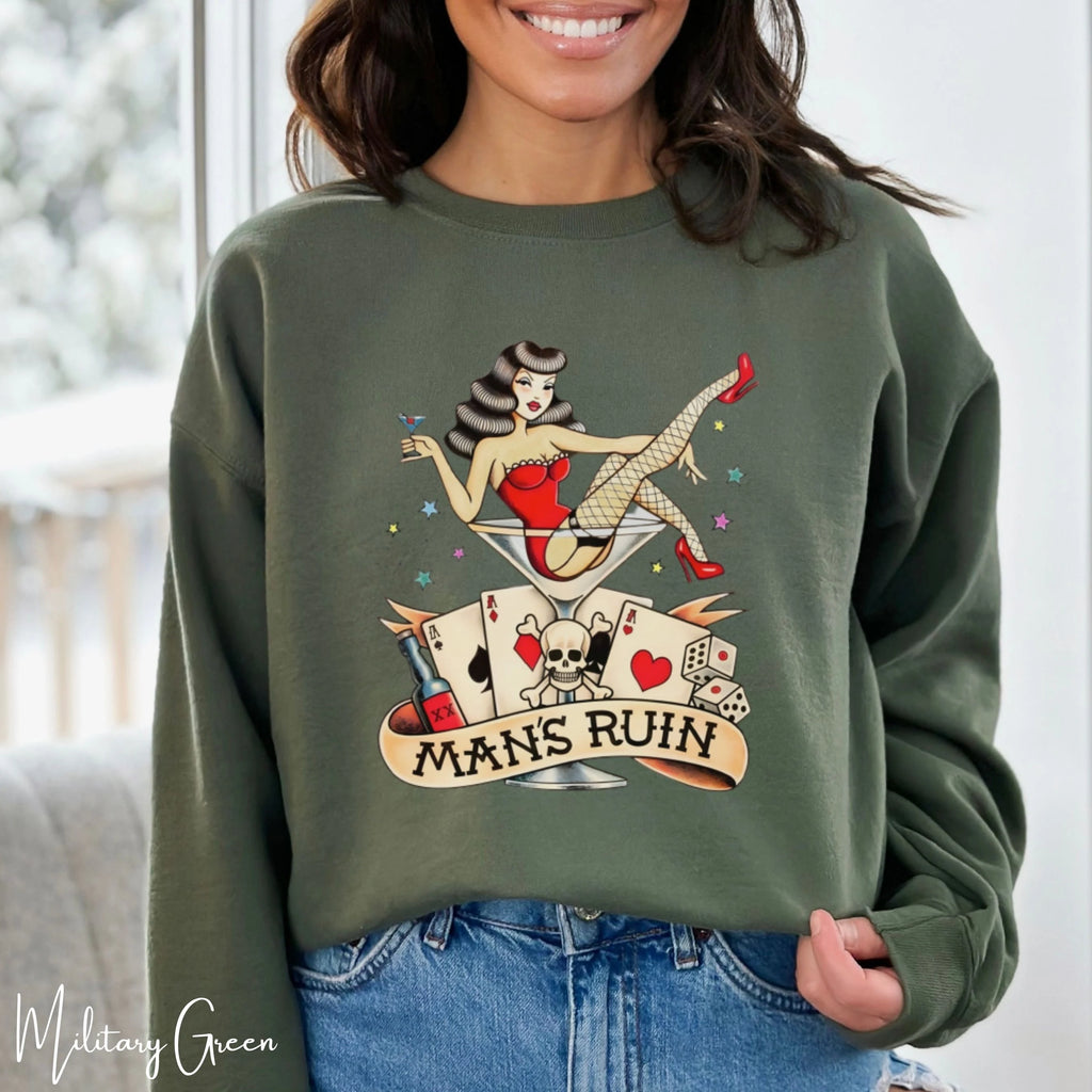 Man’s Ruin Sweatshirt | Retro Pin-Up Girl in Cocktail Glass Tattoo Design Gildan 18000 Sweatshirt