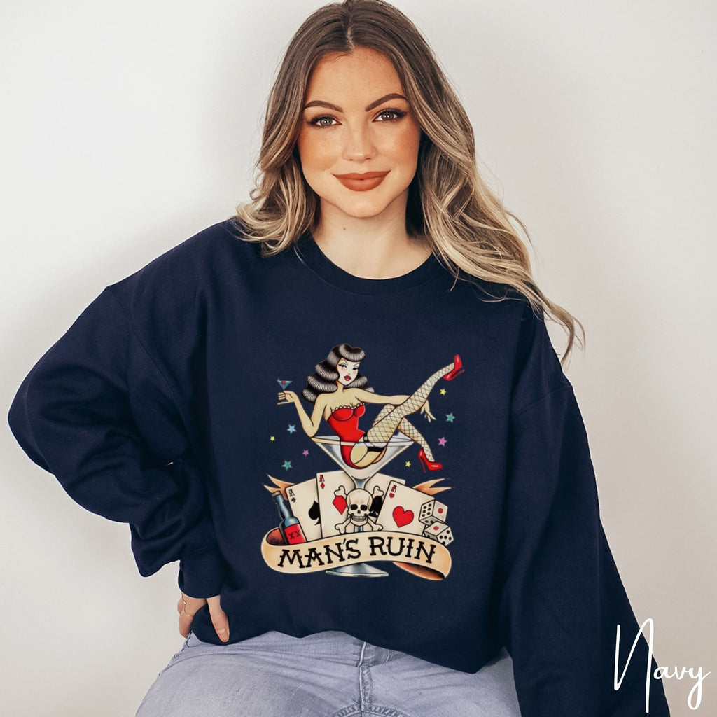 Man’s Ruin Sweatshirt | Retro Pin-Up Girl in Cocktail Glass Tattoo Design Gildan 18000 Sweatshirt