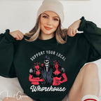 Support Your Local Whorehouse Sweatshirt | Grim Reaper & Demon Pin-Up Gildan 18000 Sweatshirt