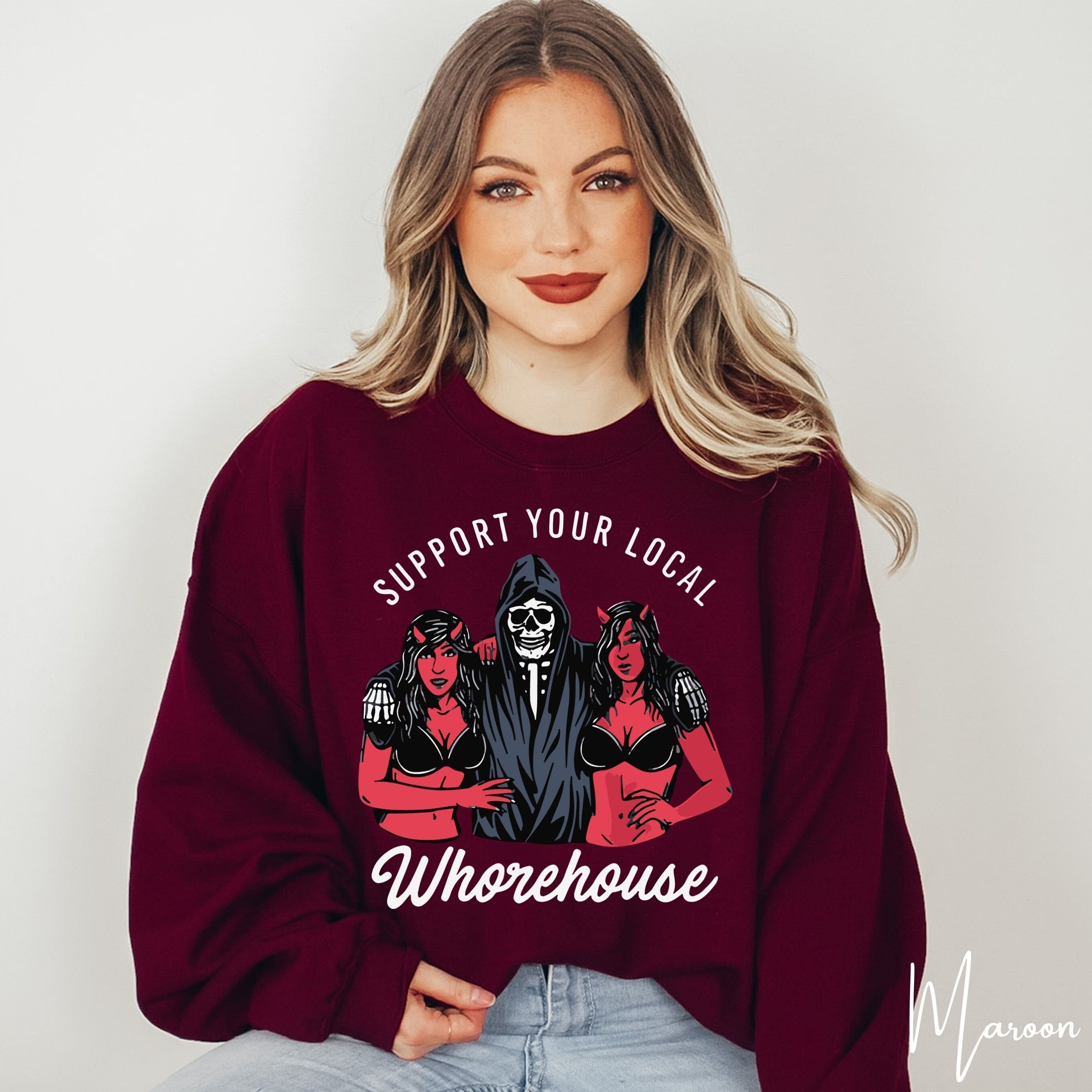 Support Your Local Whorehouse Sweatshirt | Grim Reaper & Demon Pin-Up Gildan 18000 Sweatshirt
