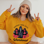 Support Your Local Whorehouse Sweatshirt | Grim Reaper & Demon Pin-Up Gildan 18000 Sweatshirt
