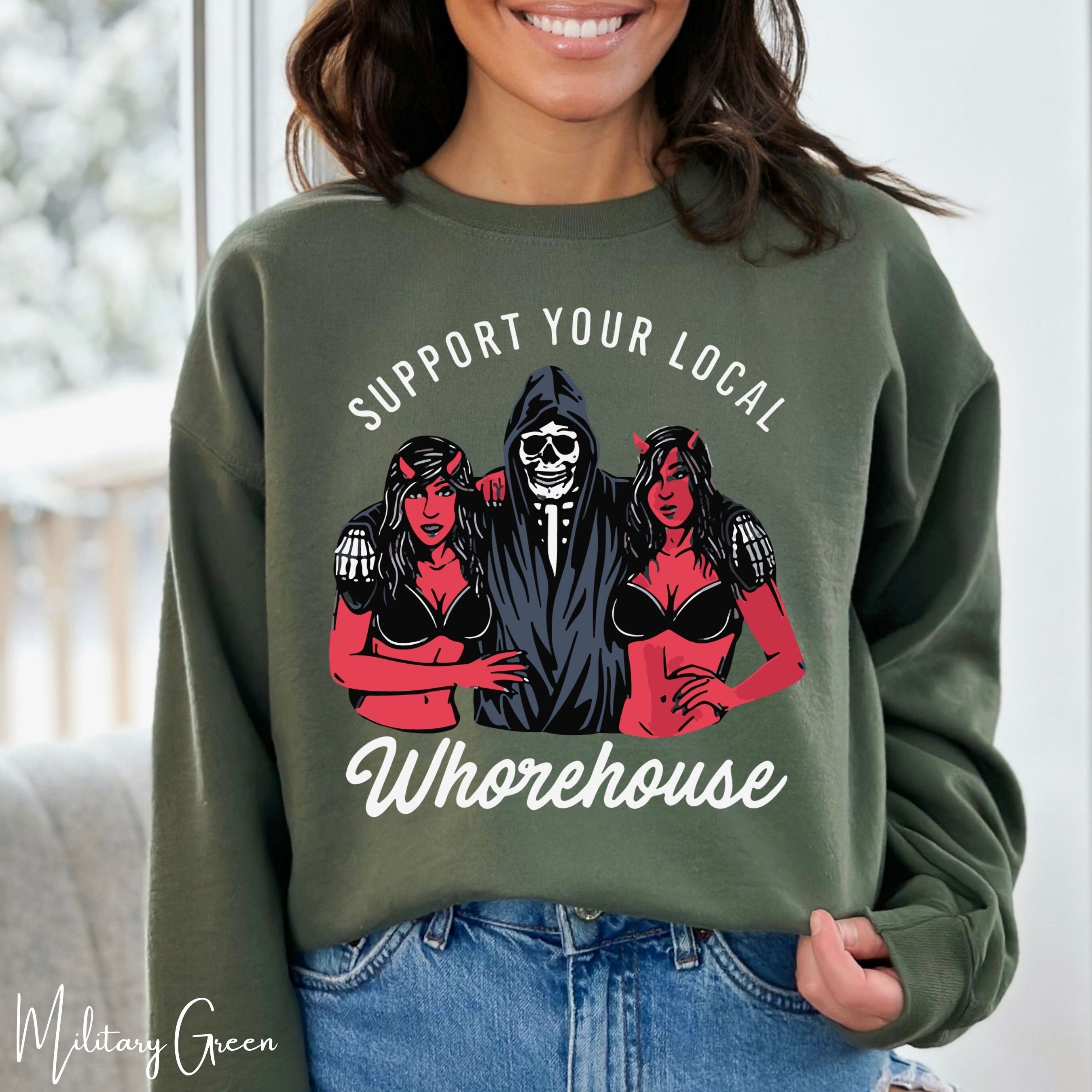 Support Your Local Whorehouse Sweatshirt | Grim Reaper & Demon Pin-Up Gildan 18000 Sweatshirt