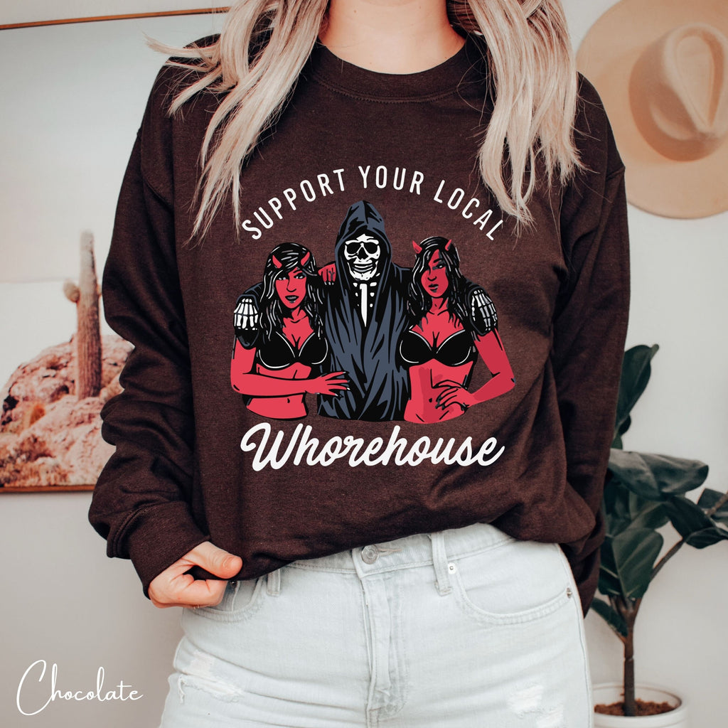 Support Your Local Whorehouse Sweatshirt | Grim Reaper & Demon Pin-Up Gildan 18000 Sweatshirt