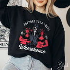 Support Your Local Whorehouse Sweatshirt | Grim Reaper & Demon Pin-Up Gildan 18000 Sweatshirt