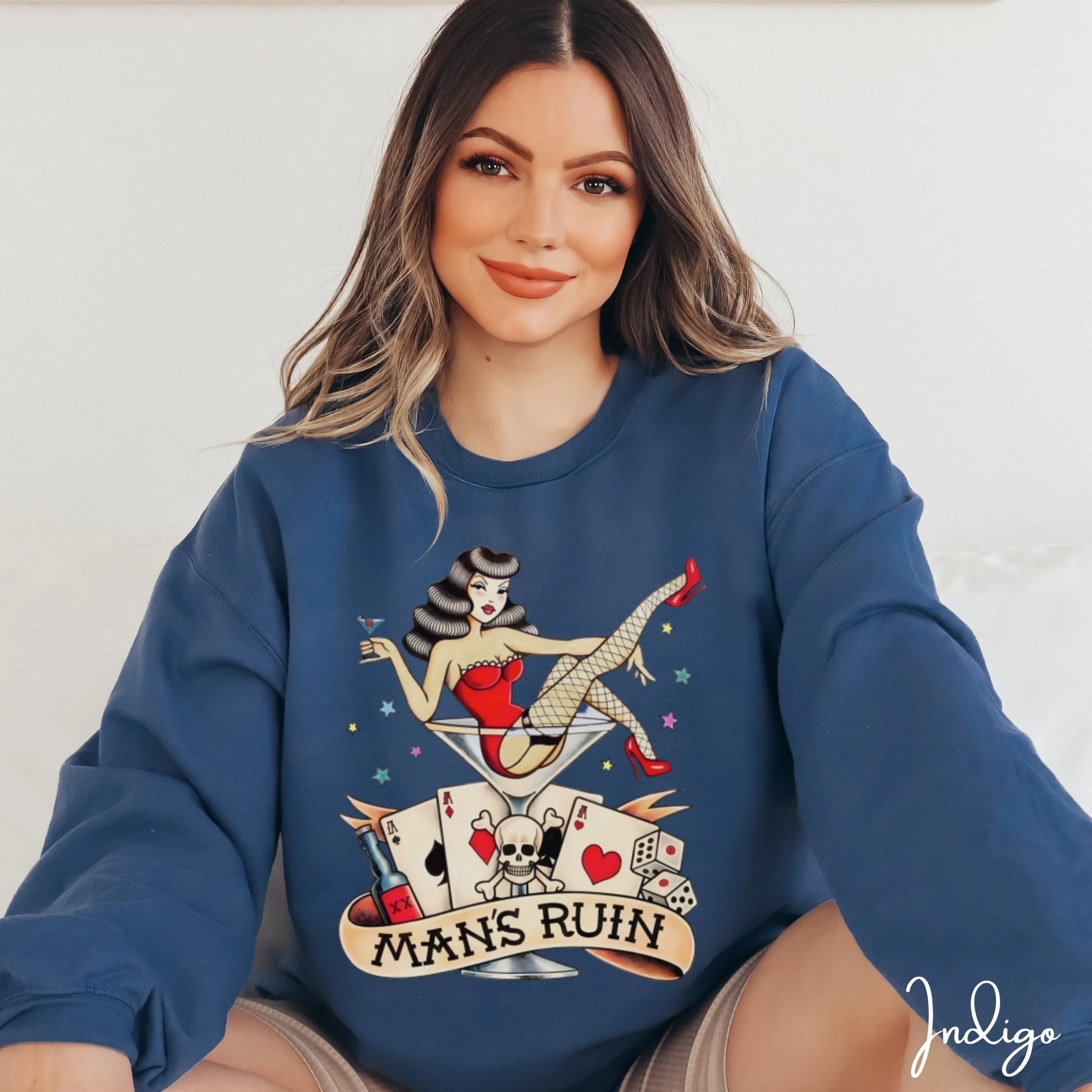 Man’s Ruin Sweatshirt | Retro Pin-Up Girl in Cocktail Glass Tattoo Design Gildan 18000 Sweatshirt