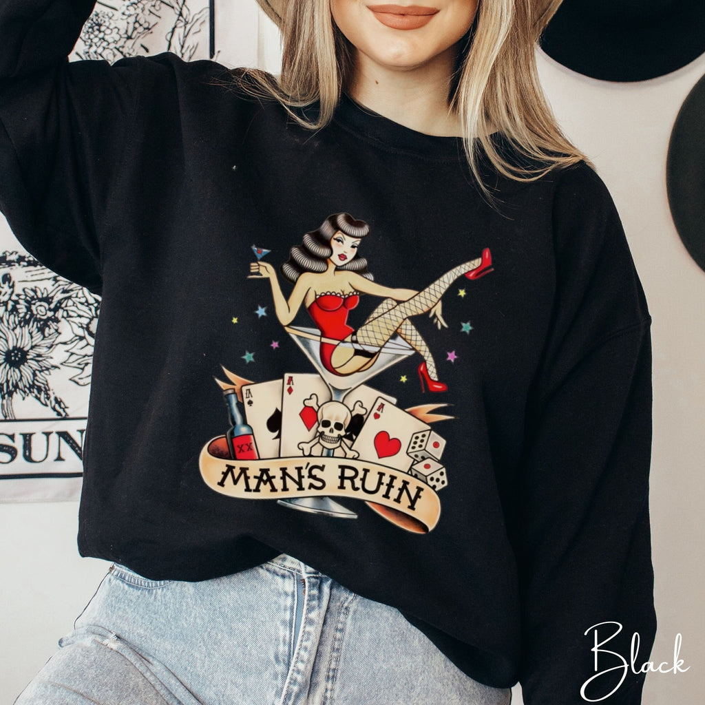 Man’s Ruin Sweatshirt | Retro Pin-Up Girl in Cocktail Glass Tattoo Design Gildan 18000 Sweatshirt