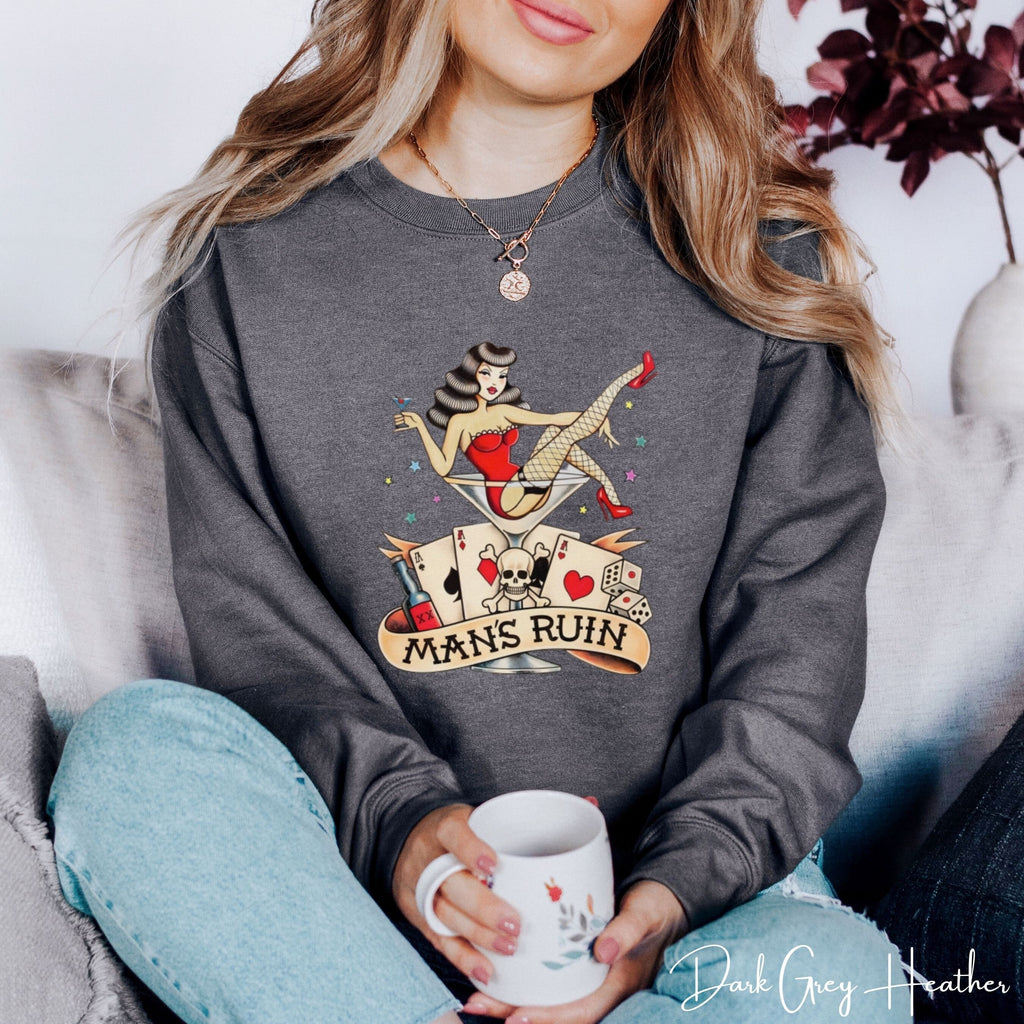 Man’s Ruin Sweatshirt | Retro Pin-Up Girl in Cocktail Glass Tattoo Design Gildan 18000 Sweatshirt