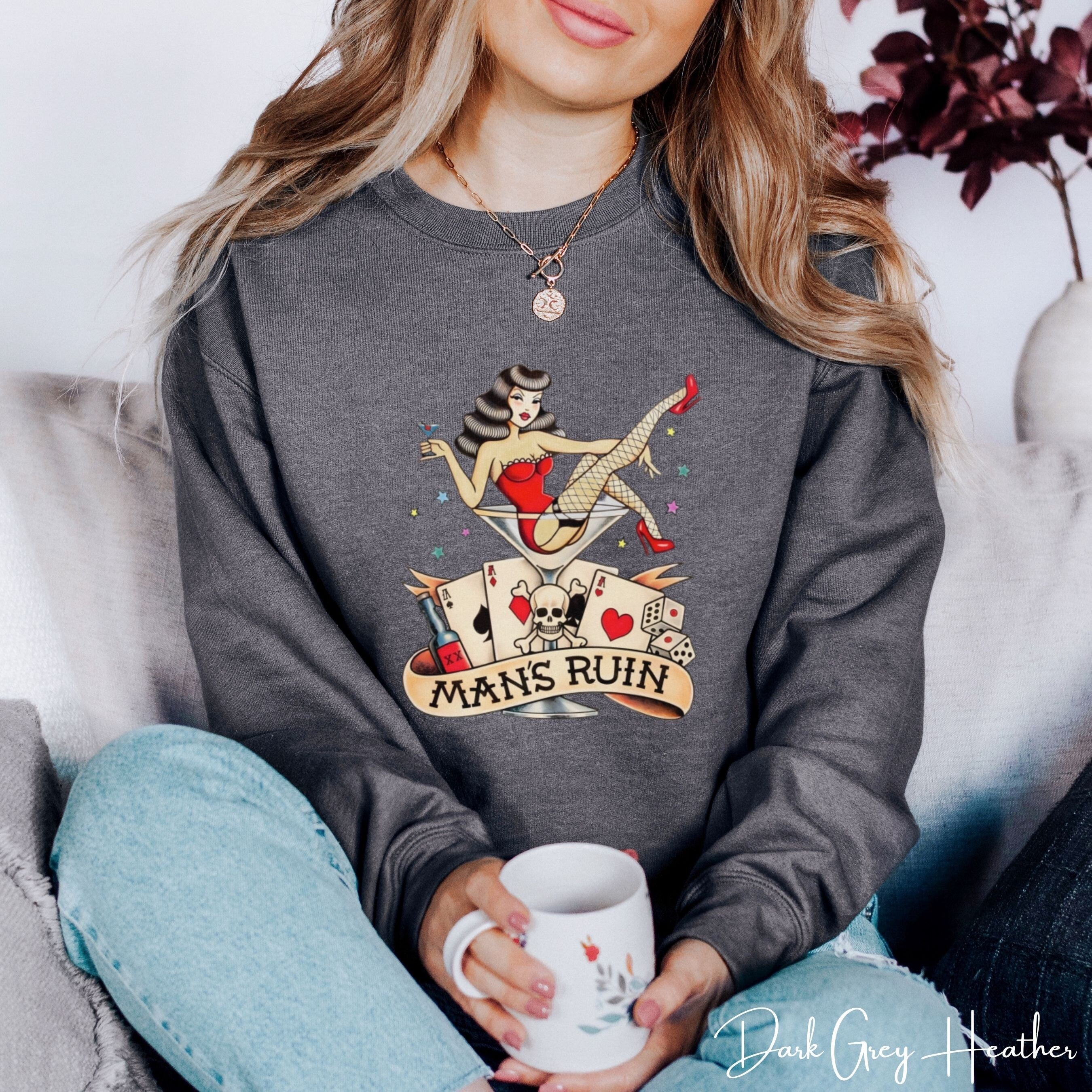 Man’s Ruin Sweatshirt | Retro Pin-Up Girl in Cocktail Glass Tattoo Design Gildan 18000 Sweatshirt