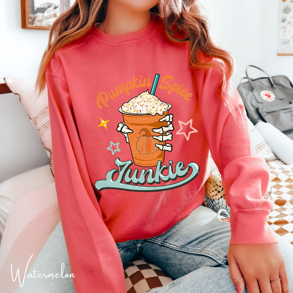 “Pumpkin Spice Junkie” |Skeleton Hand Autumn Comfort Colors 1566 Sweatshirt