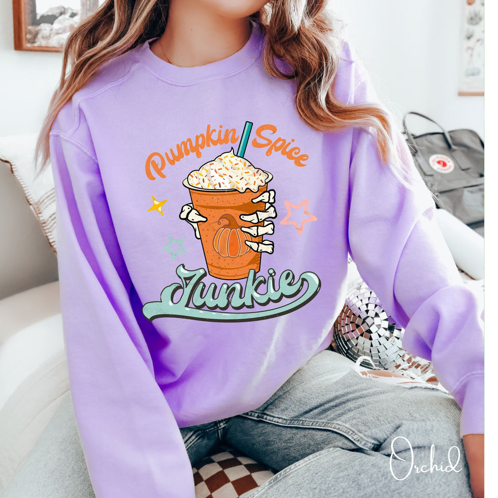 “Pumpkin Spice Junkie” |Skeleton Hand Autumn Comfort Colors 1566 Sweatshirt