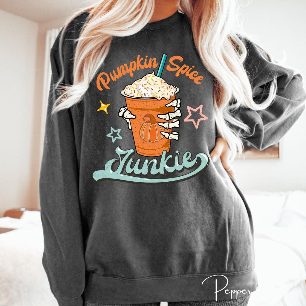 “Pumpkin Spice Junkie” |Skeleton Hand Autumn Comfort Colors 1566 Sweatshirt