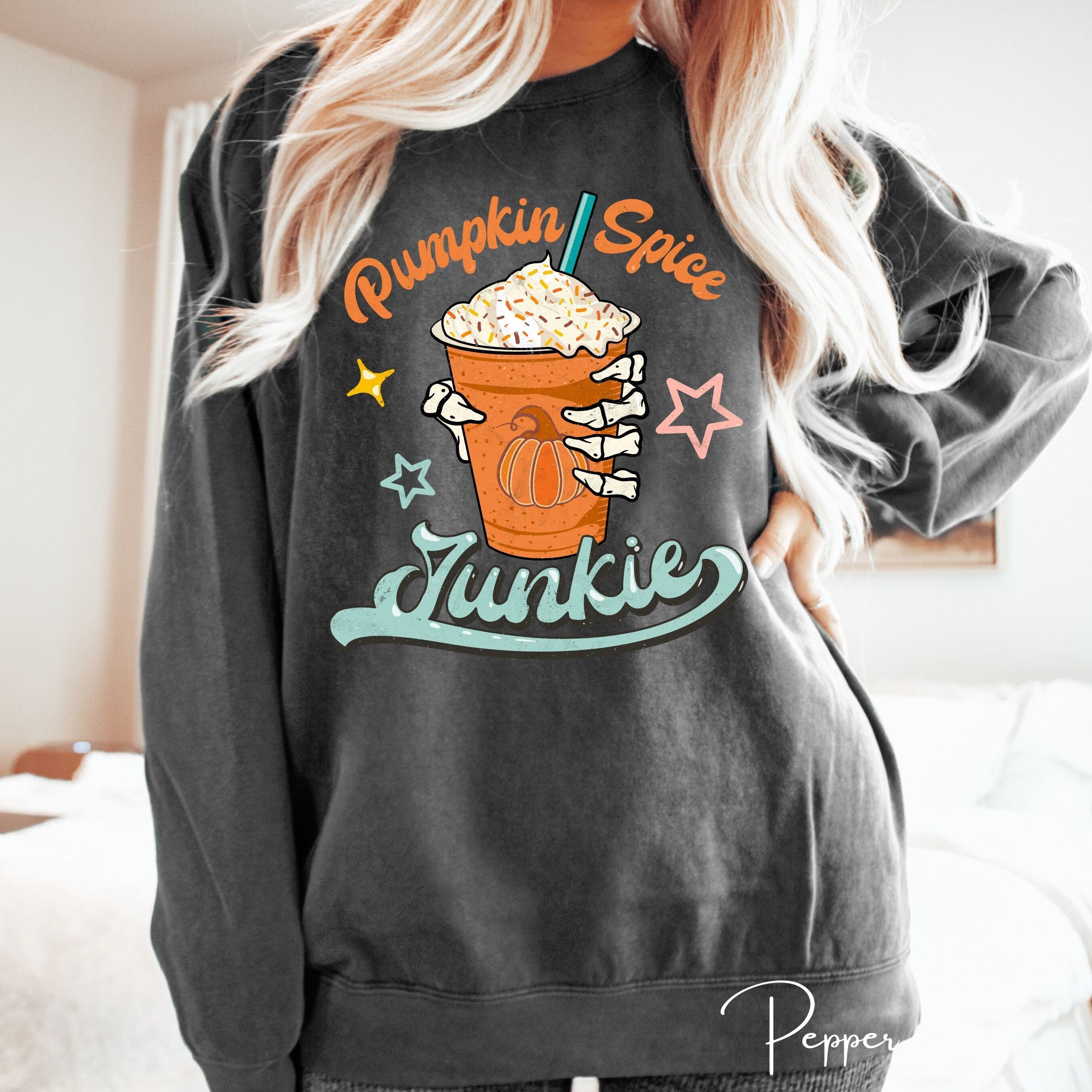 “Pumpkin Spice Junkie” |Skeleton Hand Autumn Comfort Colors 1566 Sweatshirt