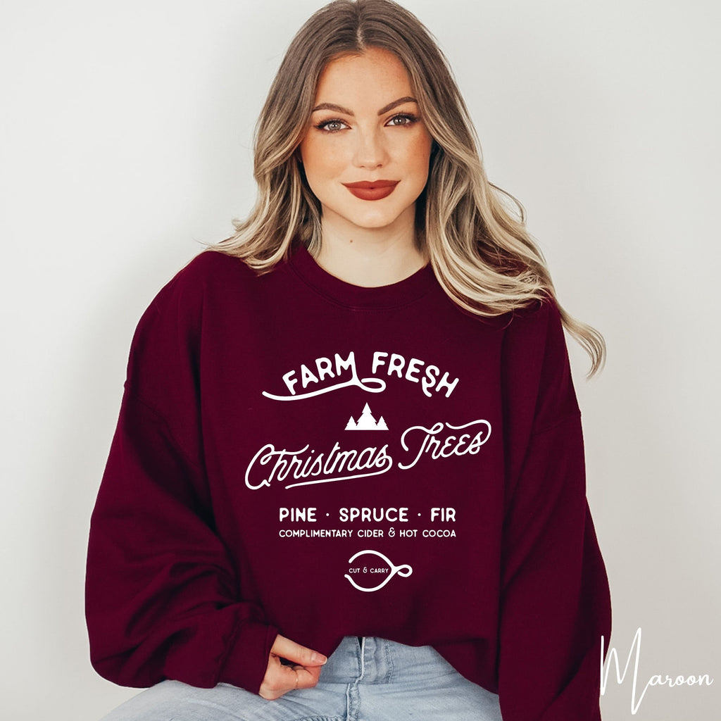 🎄🚜 Farm Fresh Christmas Trees Sweatshirt – Simple Vintage Signage • Cozy Holiday Crewneck