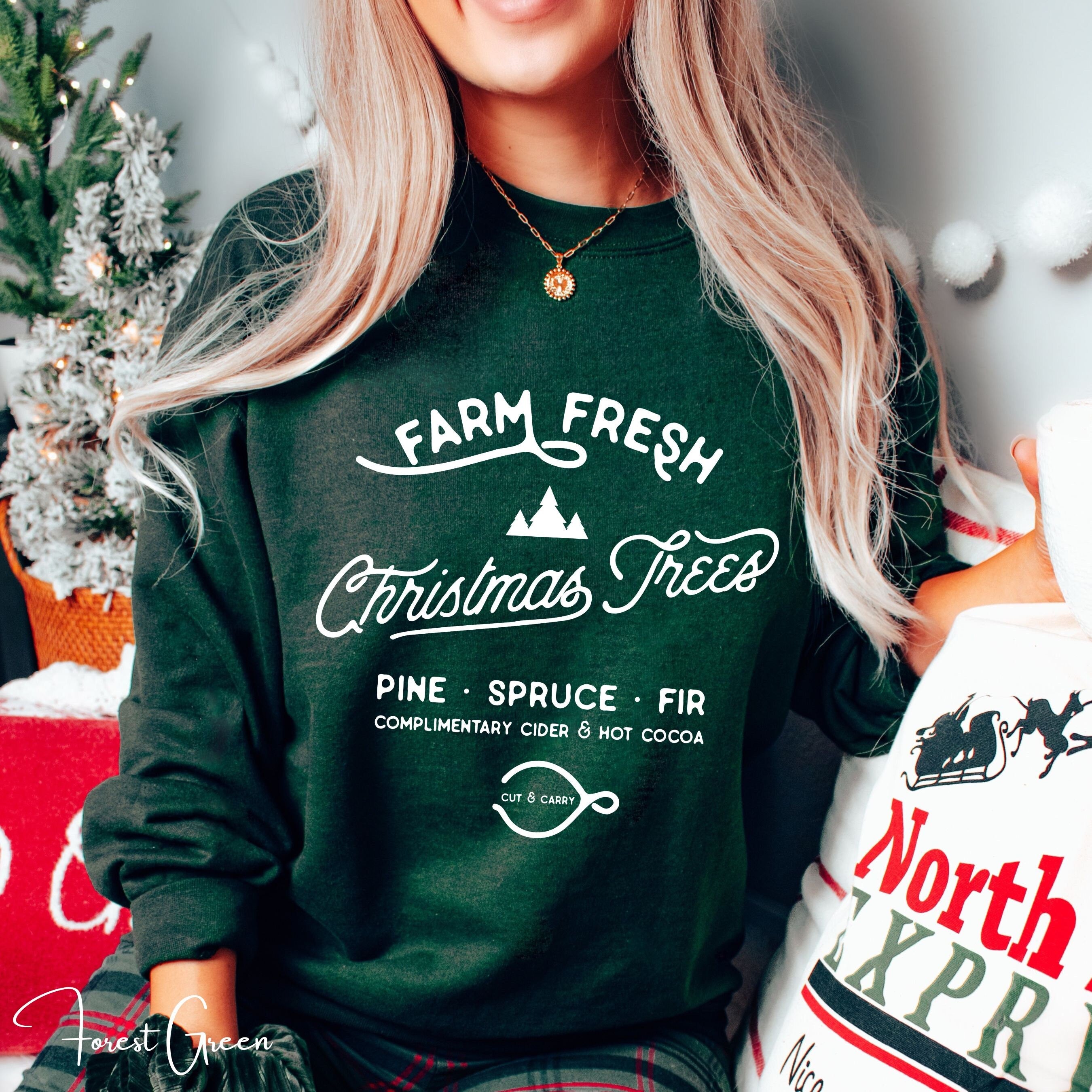 🎄🚜 Farm Fresh Christmas Trees Sweatshirt – Simple Vintage Signage • Cozy Holiday Crewneck