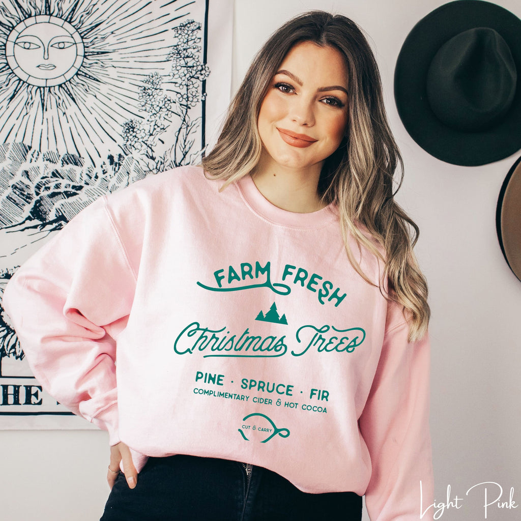 🎄🚜 Farm Fresh Christmas Trees Sweatshirt – Simple Vintage Signage • Cozy Holiday Crewneck