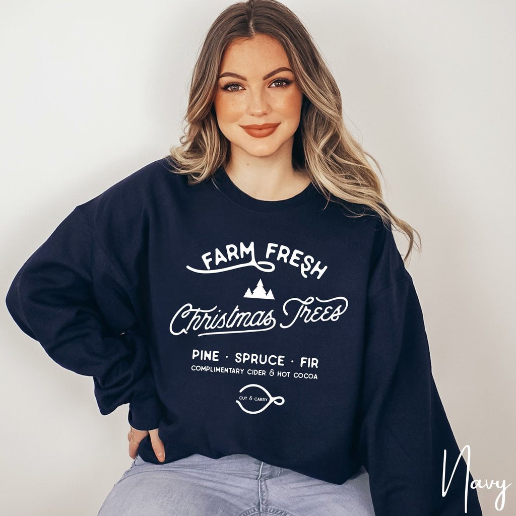 🎄🚜 Farm Fresh Christmas Trees Sweatshirt – Simple Vintage Signage • Cozy Holiday Crewneck