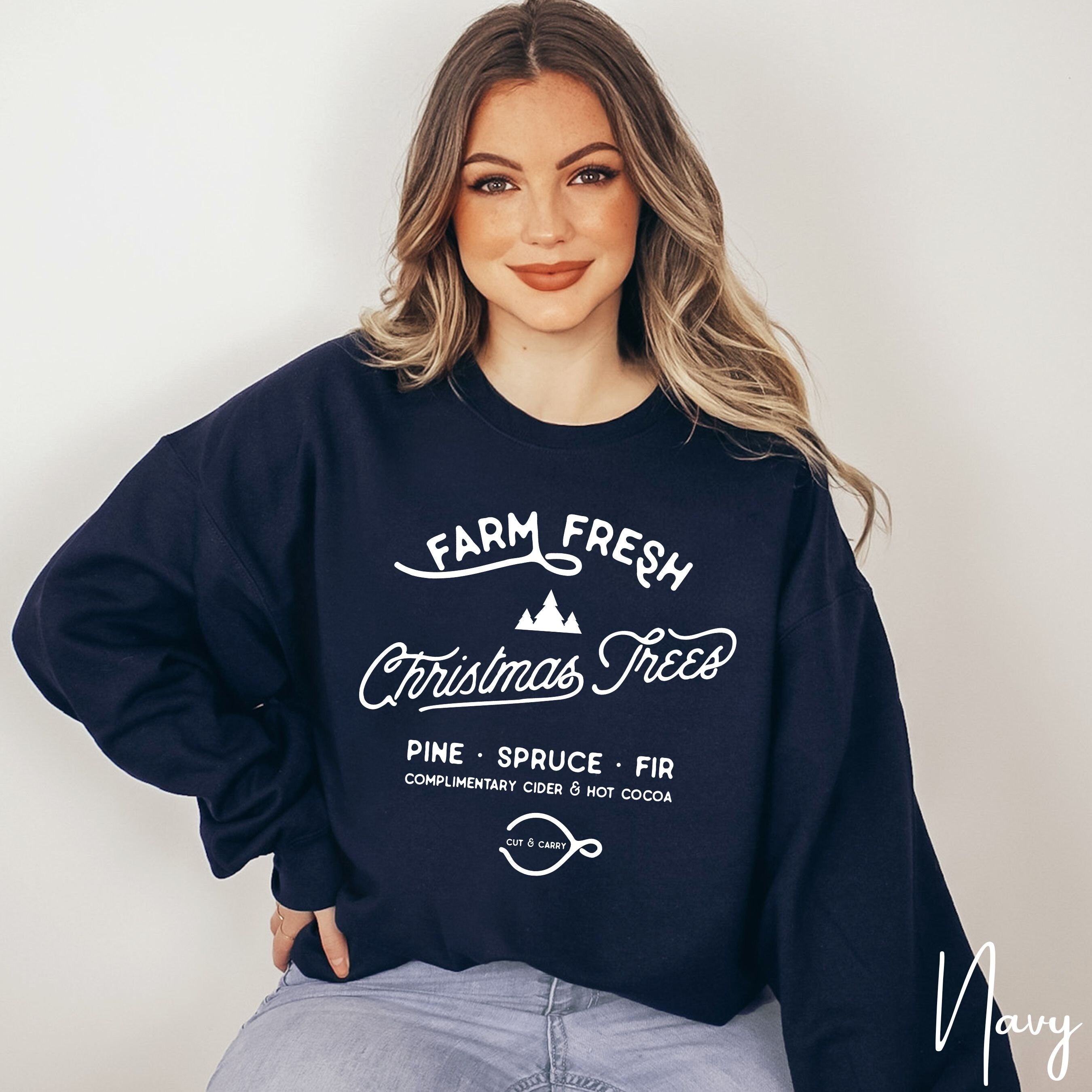 🎄🚜 Farm Fresh Christmas Trees Sweatshirt – Simple Vintage Signage • Cozy Holiday Crewneck