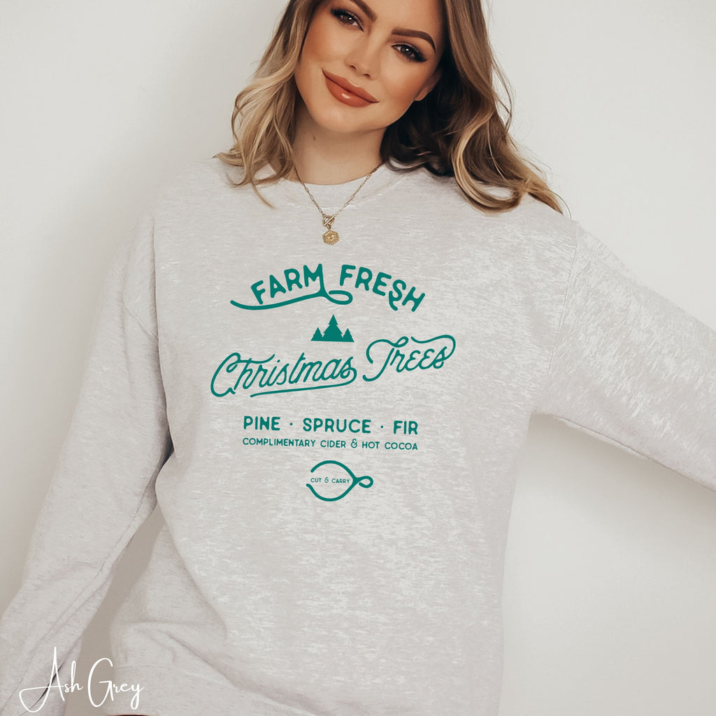 🎄🚜 Farm Fresh Christmas Trees Sweatshirt – Simple Vintage Signage • Cozy Holiday Crewneck
