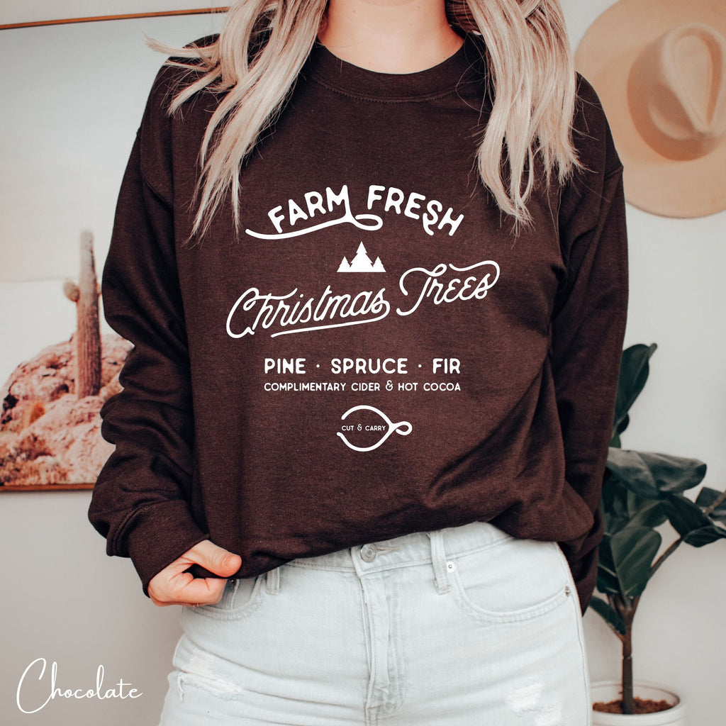 🎄🚜 Farm Fresh Christmas Trees Sweatshirt – Simple Vintage Signage • Cozy Holiday Crewneck