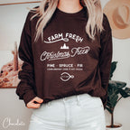 🎄🚜 Farm Fresh Christmas Trees Sweatshirt – Simple Vintage Signage • Cozy Holiday Crewneck