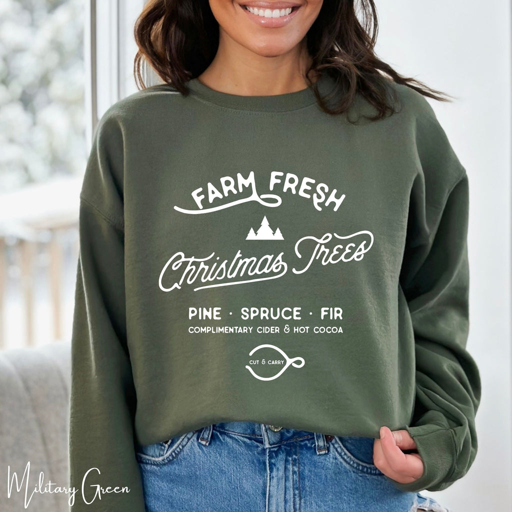 🎄🚜 Farm Fresh Christmas Trees Sweatshirt – Simple Vintage Signage • Cozy Holiday Crewneck