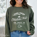 🎄🚜 Farm Fresh Christmas Trees Sweatshirt – Simple Vintage Signage • Cozy Holiday Crewneck