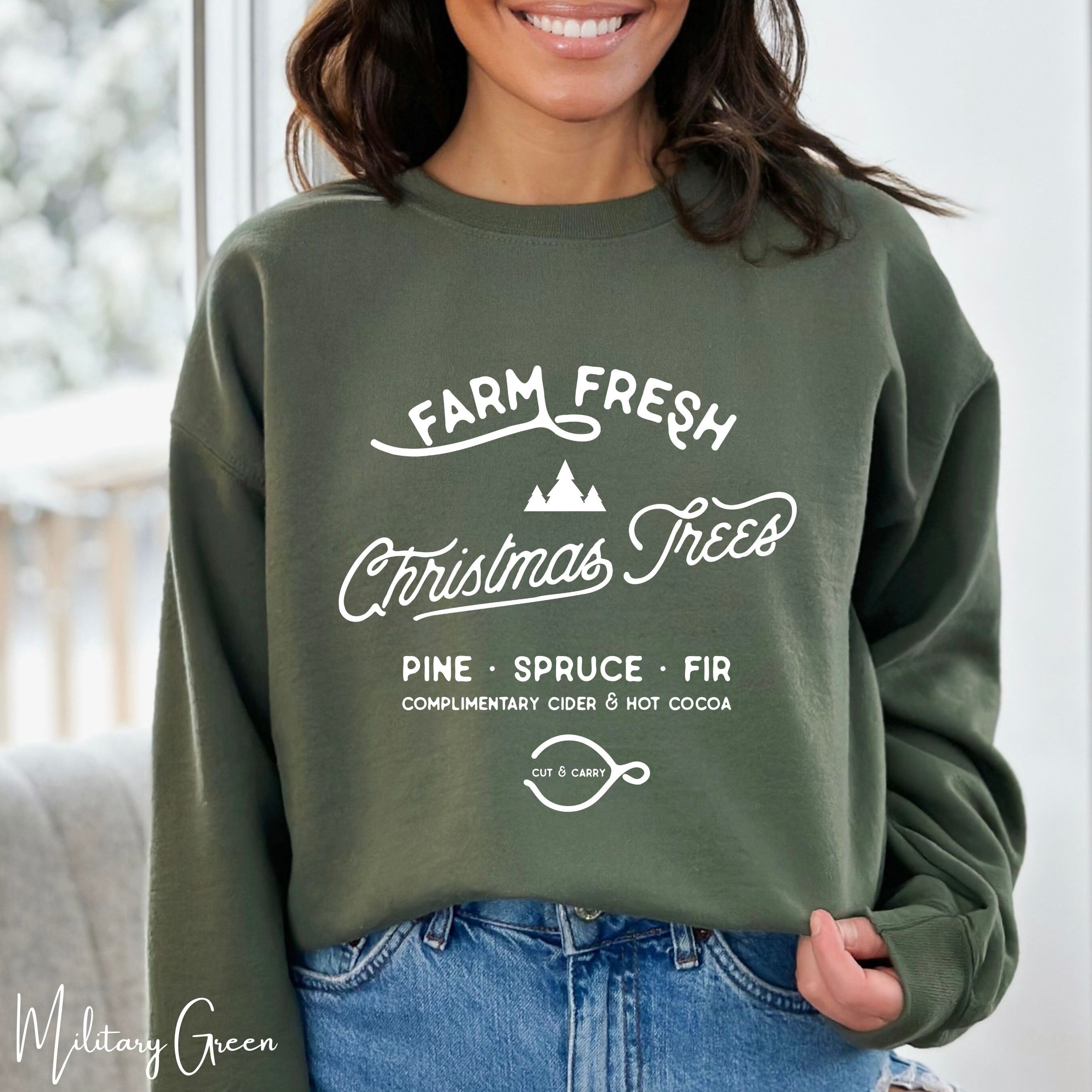 🎄🚜 Farm Fresh Christmas Trees Sweatshirt – Simple Vintage Signage • Cozy Holiday Crewneck