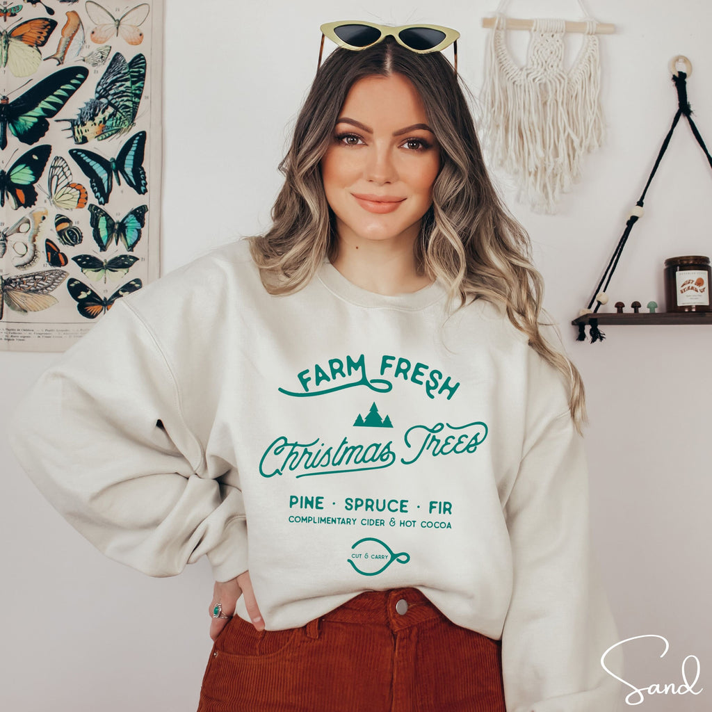 🎄🚜 Farm Fresh Christmas Trees Sweatshirt – Simple Vintage Signage • Cozy Holiday Crewneck