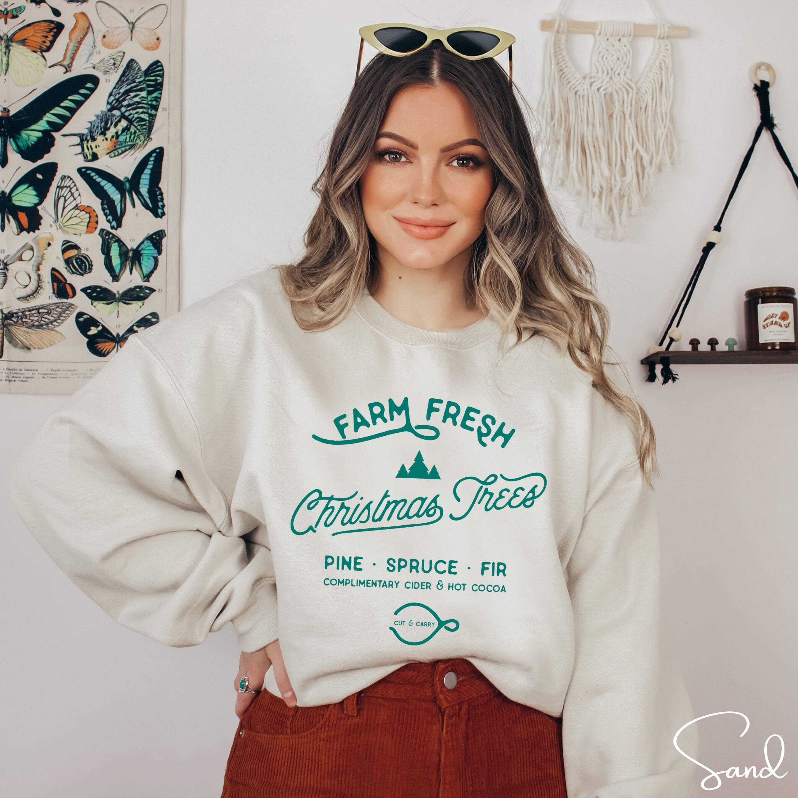 🎄🚜 Farm Fresh Christmas Trees Sweatshirt – Simple Vintage Signage • Cozy Holiday Crewneck
