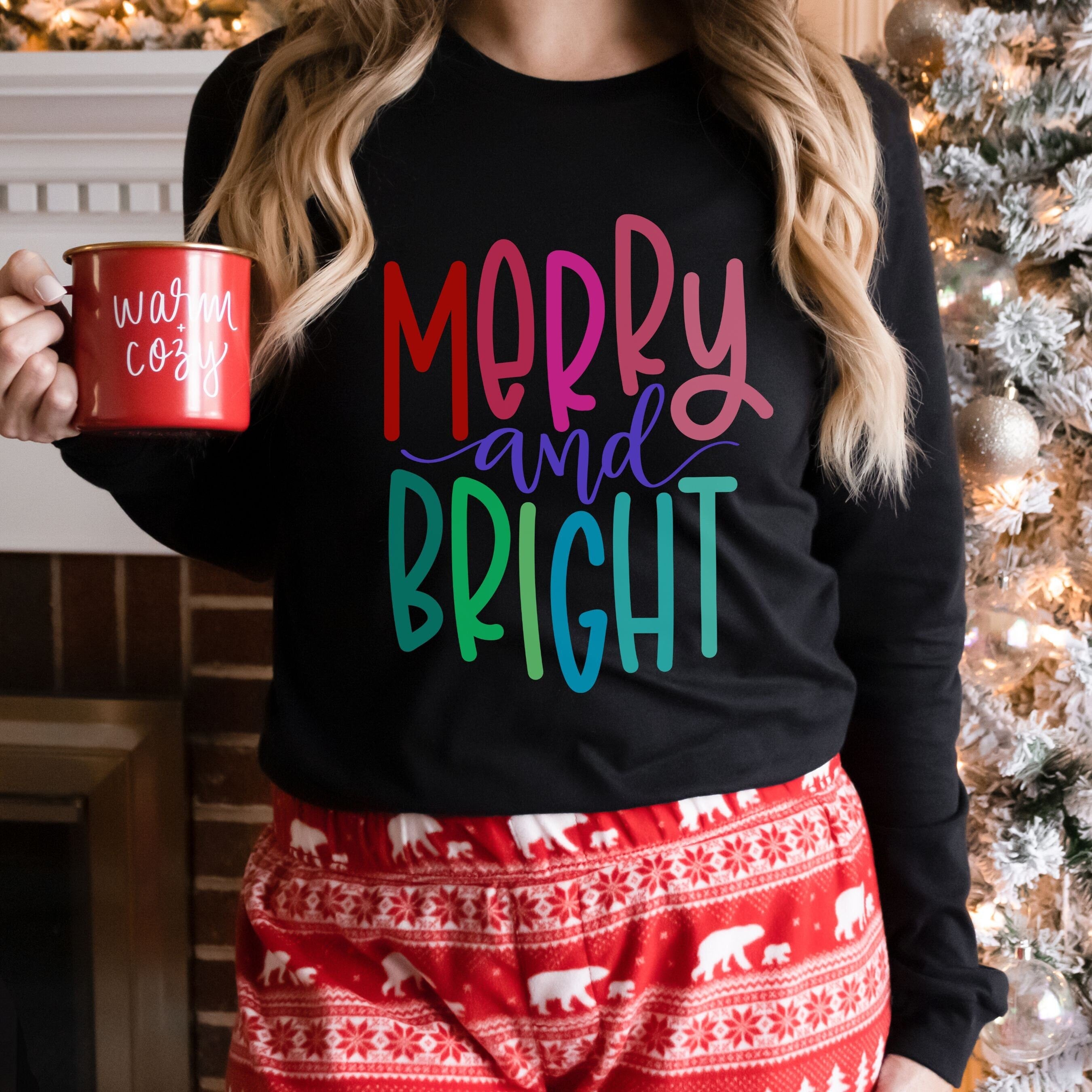 Merry and Bright Christmas Bella Canvas 3501 Long Sleeve Shirt