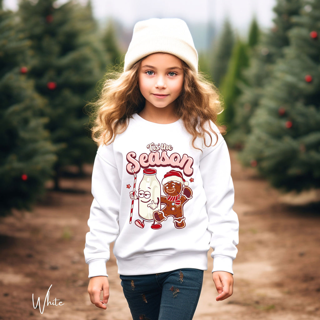 ’Tis the Season Kids Christmas Sweatshirt 🍪 | Retro Gingerbread & Milk Holiday  Gildan 18000B Sweatshirt