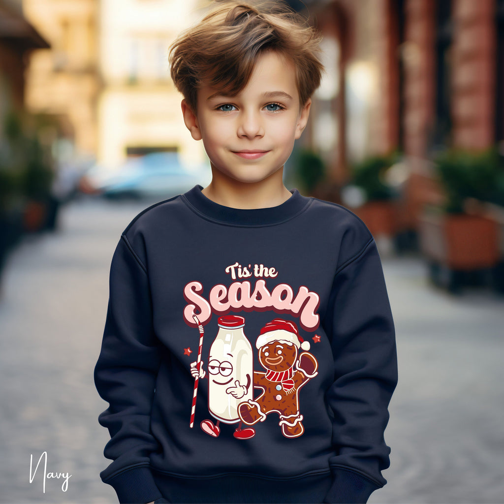 ’Tis the Season Kids Christmas Sweatshirt 🍪 | Retro Gingerbread & Milk Holiday  Gildan 18000B Sweatshirt