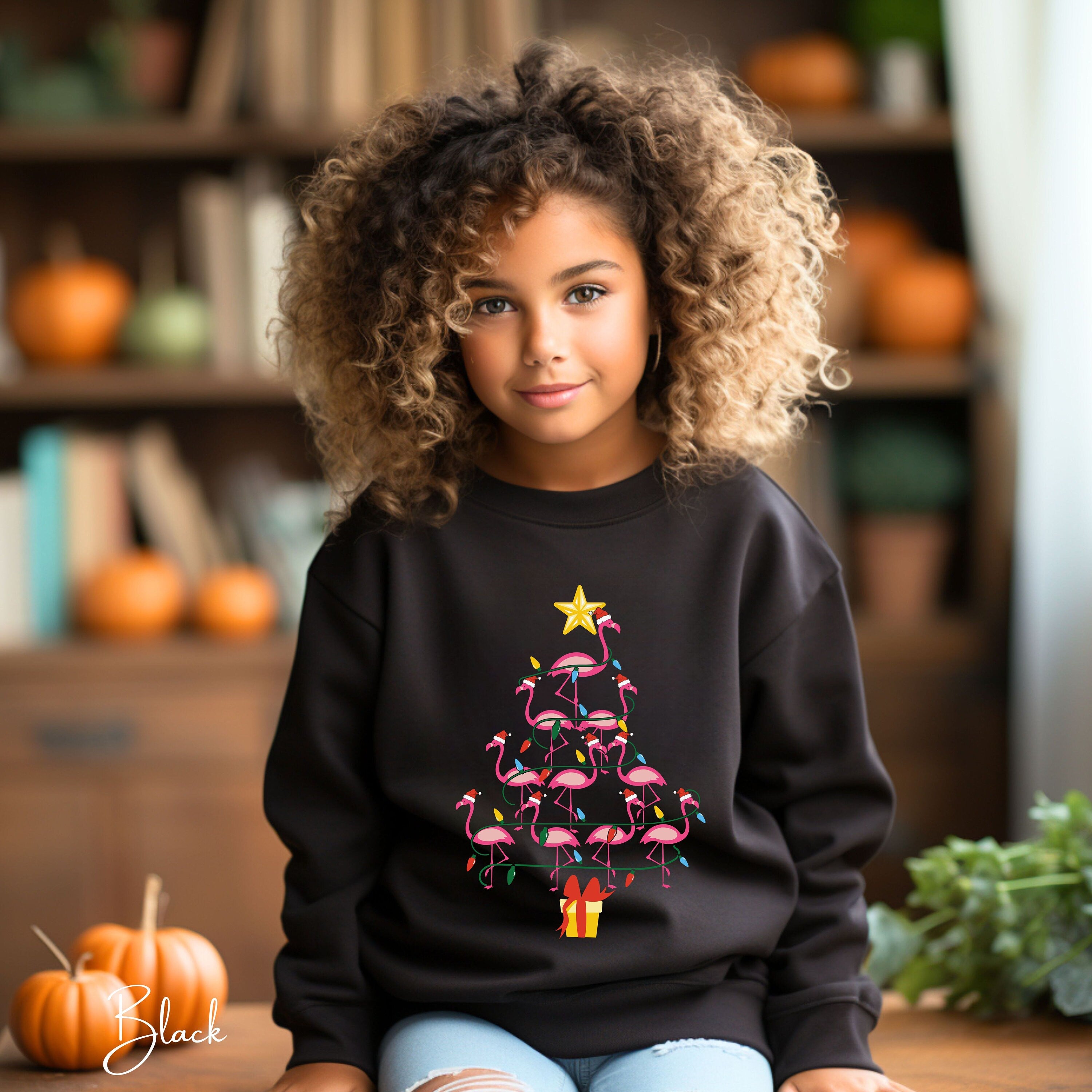 Kids Flamingo Christmas Tree Sweatshirt 🎄 | Fun Holiday Pullover | Tropical Christmas Gildan 18000B Sweatshirt