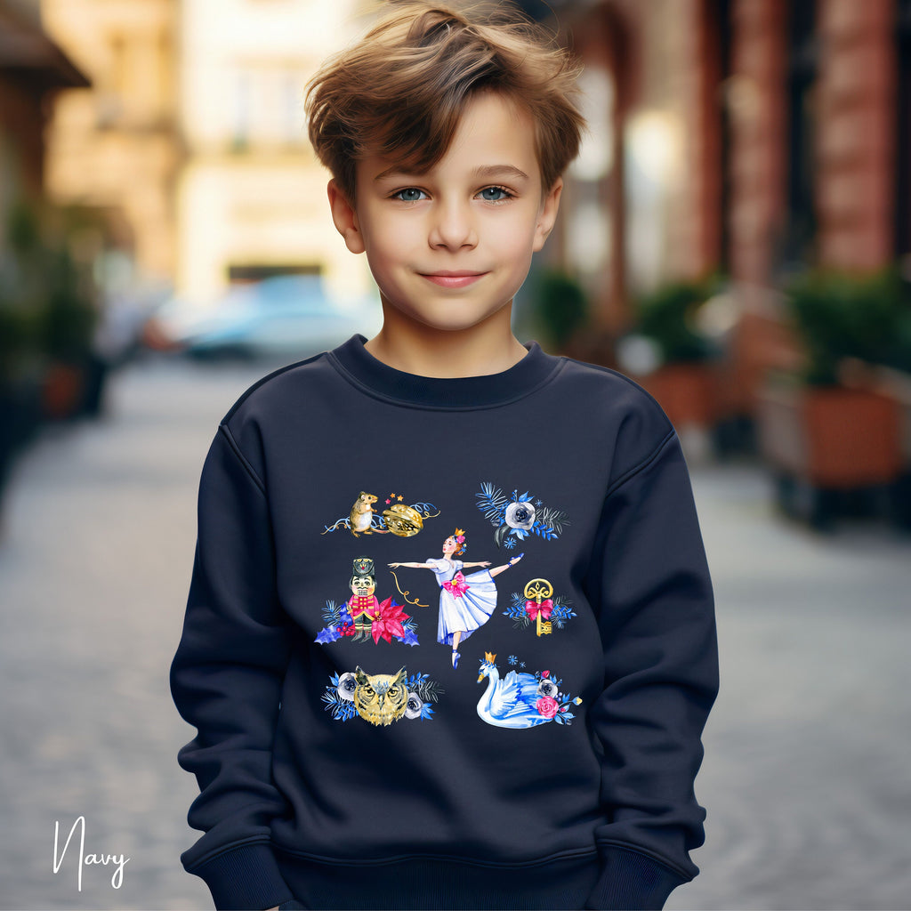 Nutcracker Ballet Kids Christmas Sweatshirt 🎄 | Ballerina, Swan & Nutcracker Design | Holiday Pullover Gildan 18000B Sweatshirt