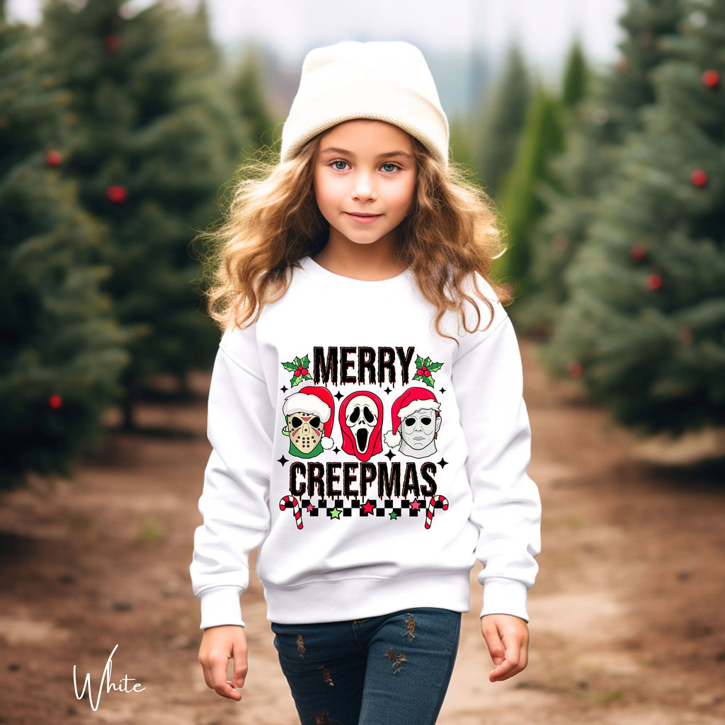 Merry Creepmas Kids Sweatshirt 🎄 | Funny Spooky Christmas Pullover | Cute Horror Holiday Sweater Gildan 18000B Sweatshirt