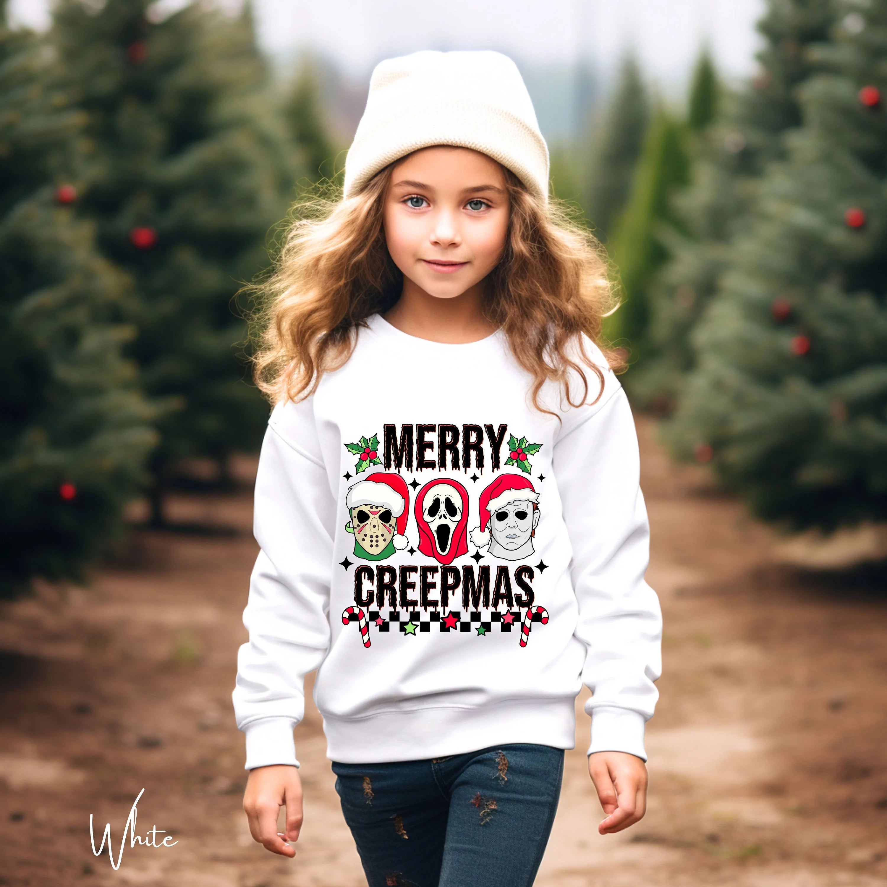 Merry Creepmas Kids Sweatshirt 🎄 | Funny Spooky Christmas Pullover | Cute Horror Holiday Sweater Gildan 18000B Sweatshirt