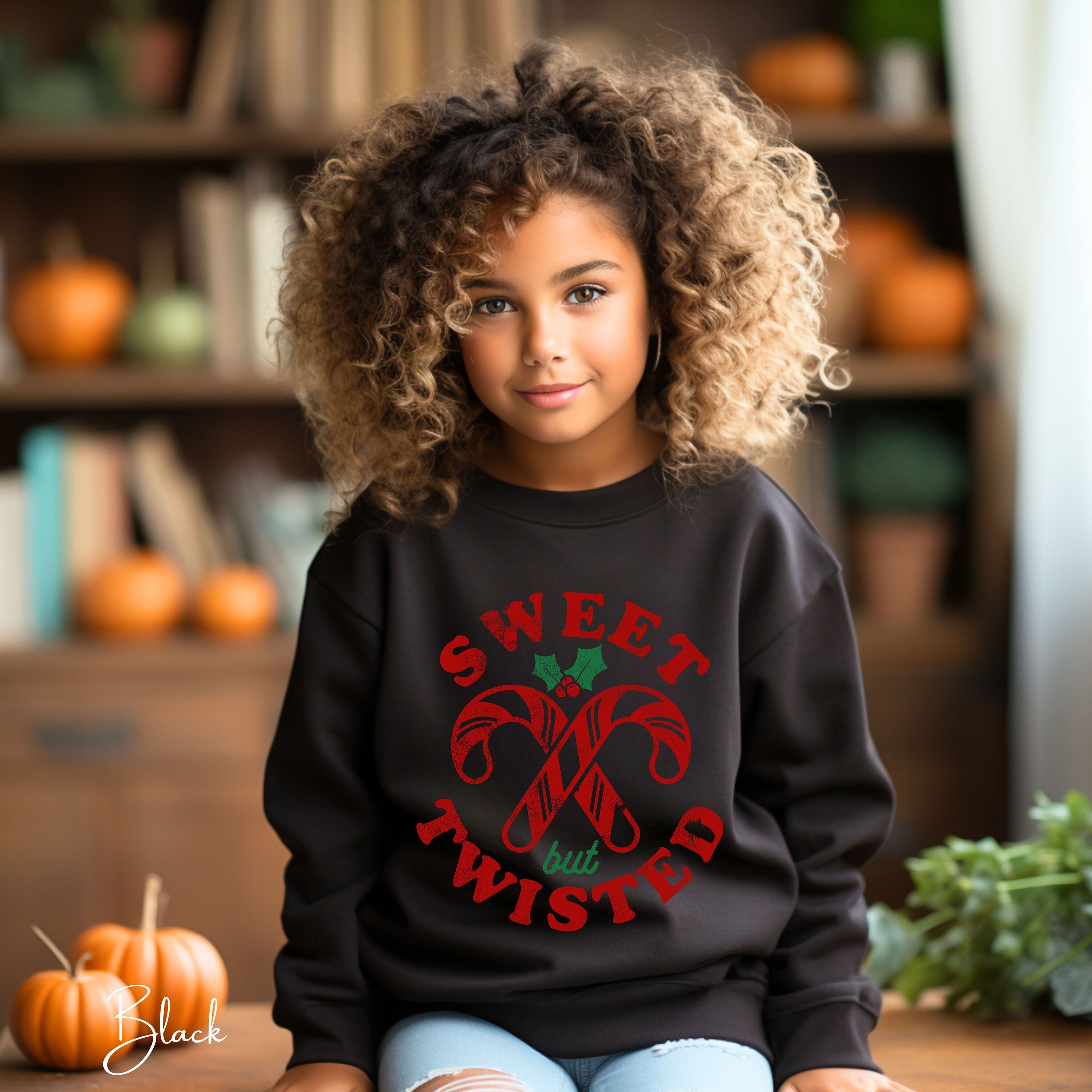 Sweet but Twisted Kids Christmas Sweatshirt 🍬 | Candy Cane Holiday Pullover | Cute Christmas Outfit Gildan 18000B Sweatshirt
