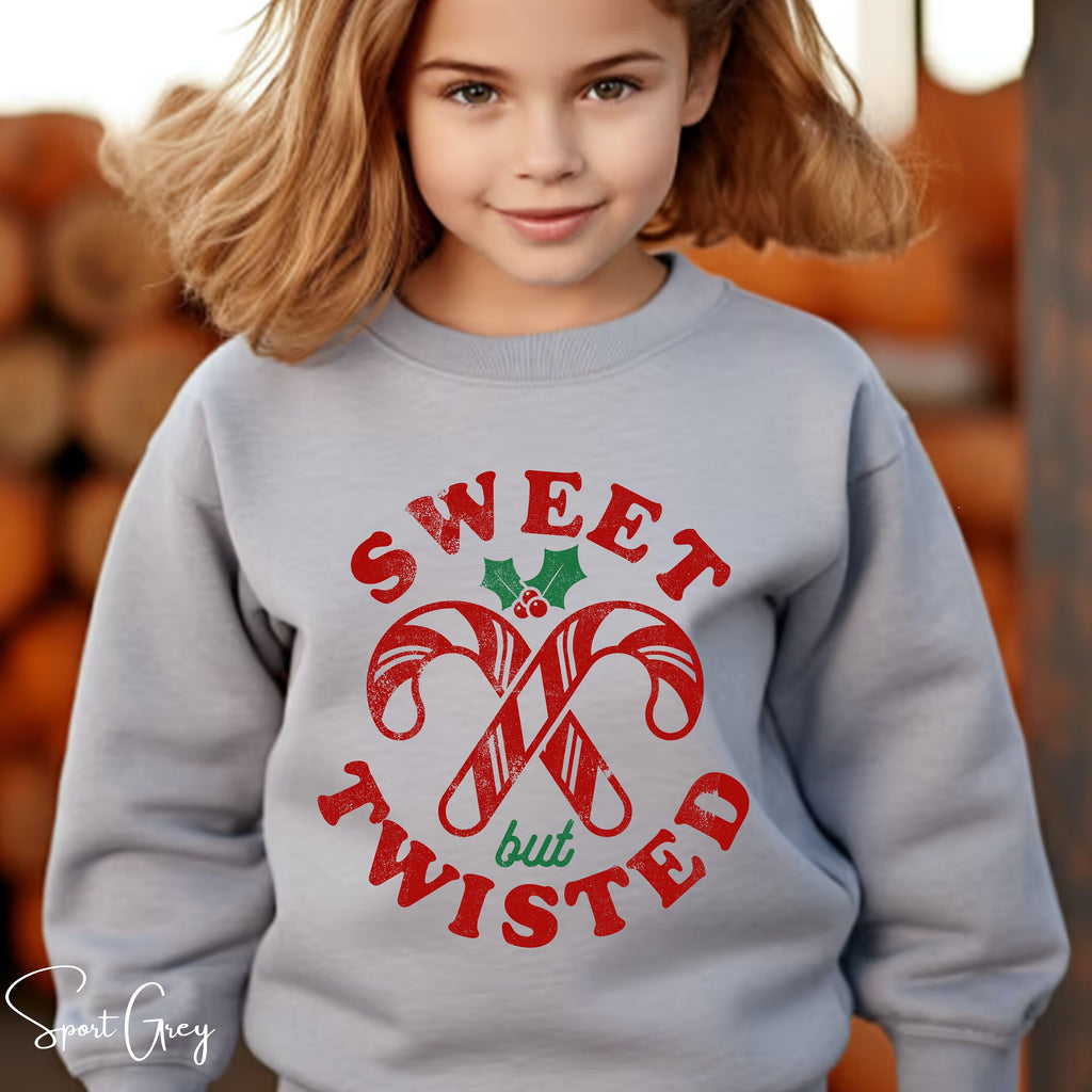 Sweet but Twisted Kids Christmas Sweatshirt 🍬 | Candy Cane Holiday Pullover | Cute Christmas Outfit Gildan 18000B Sweatshirt
