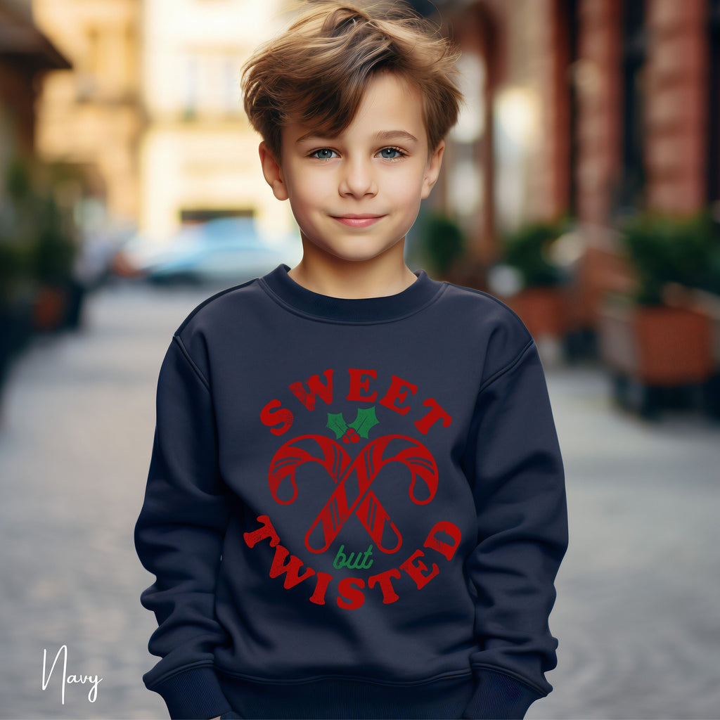 Sweet but Twisted Kids Christmas Sweatshirt 🍬 | Candy Cane Holiday Pullover | Cute Christmas Outfit Gildan 18000B Sweatshirt
